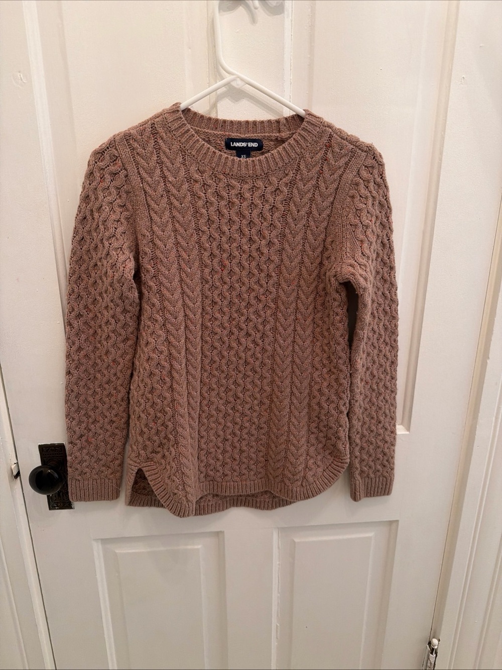 Land's End Chunky Brown Cable Knit Sweater Size XS Crew Neck Boat Hem Pull On